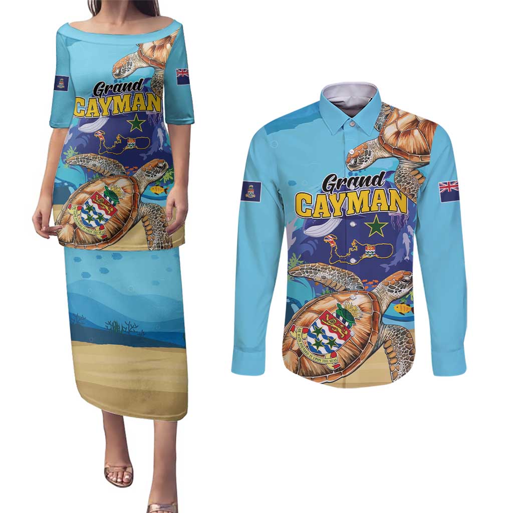 Grand Cayman Map Sea Turtle Couples Matching Puletasi and Long Sleeve Button Shirt Ocean Vibes