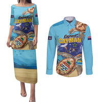 Grand Cayman Map Sea Turtle Couples Matching Puletasi and Long Sleeve Button Shirt Ocean Vibes