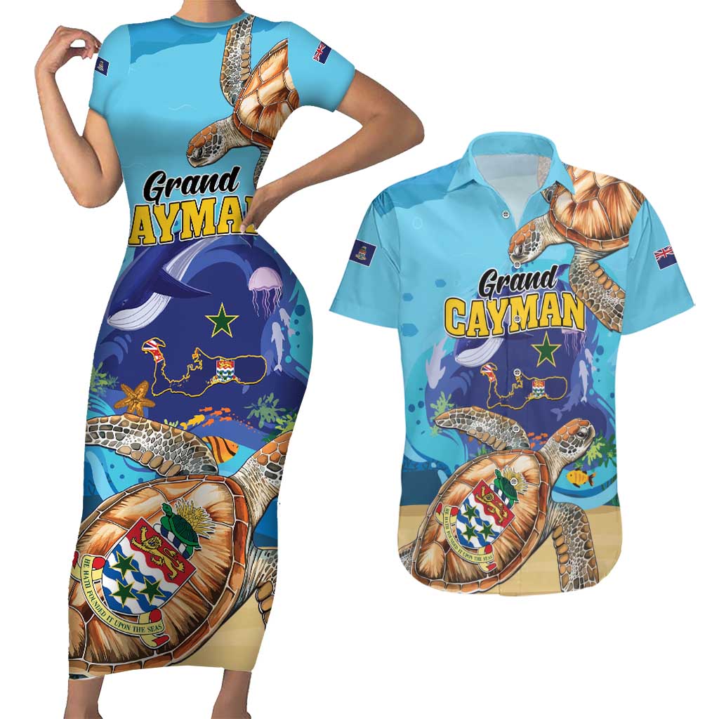 Grand Cayman Map Sea Turtle Couples Matching Short Sleeve Bodycon Dress and Hawaiian Shirt Ocean Vibes