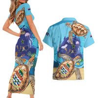 Grand Cayman Map Sea Turtle Couples Matching Short Sleeve Bodycon Dress and Hawaiian Shirt Ocean Vibes