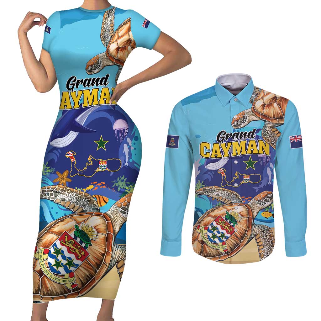 Grand Cayman Map Sea Turtle Couples Matching Short Sleeve Bodycon Dress and Long Sleeve Button Shirt Ocean Vibes