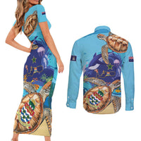 Grand Cayman Map Sea Turtle Couples Matching Short Sleeve Bodycon Dress and Long Sleeve Button Shirt Ocean Vibes