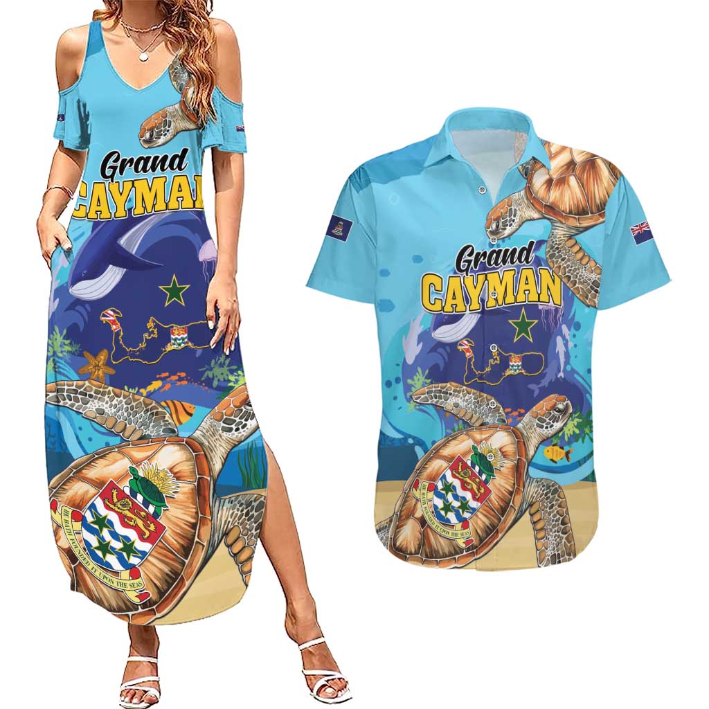 Grand Cayman Map Sea Turtle Couples Matching Summer Maxi Dress and Hawaiian Shirt Ocean Vibes