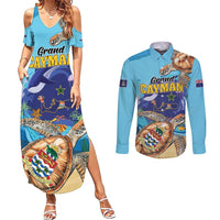 Grand Cayman Map Sea Turtle Couples Matching Summer Maxi Dress and Long Sleeve Button Shirt Ocean Vibes