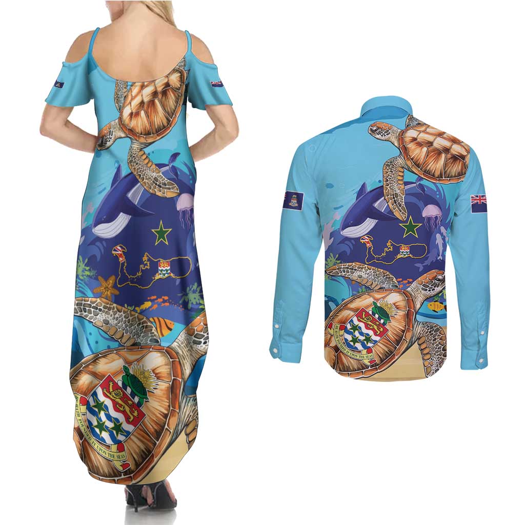 Grand Cayman Map Sea Turtle Couples Matching Summer Maxi Dress and Long Sleeve Button Shirt Ocean Vibes
