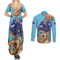 Grand Cayman Map Sea Turtle Couples Matching Summer Maxi Dress and Long Sleeve Button Shirt Ocean Vibes