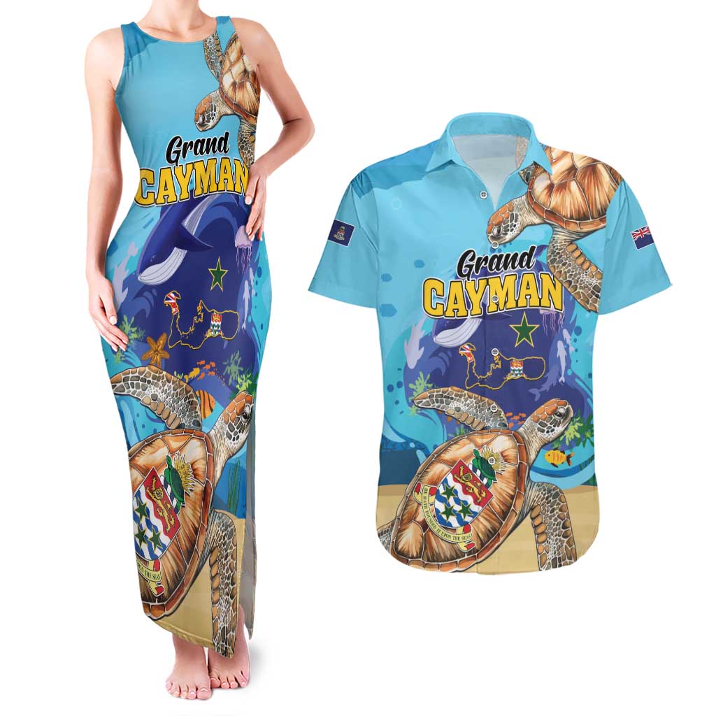 Grand Cayman Map Sea Turtle Couples Matching Tank Maxi Dress and Hawaiian Shirt Ocean Vibes