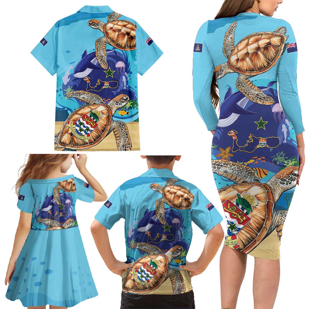 Grand Cayman Map Sea Turtle Family Matching Long Sleeve Bodycon Dress and Hawaiian Shirt Ocean Vibes