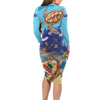 Grand Cayman Map Sea Turtle Family Matching Long Sleeve Bodycon Dress and Hawaiian Shirt Ocean Vibes