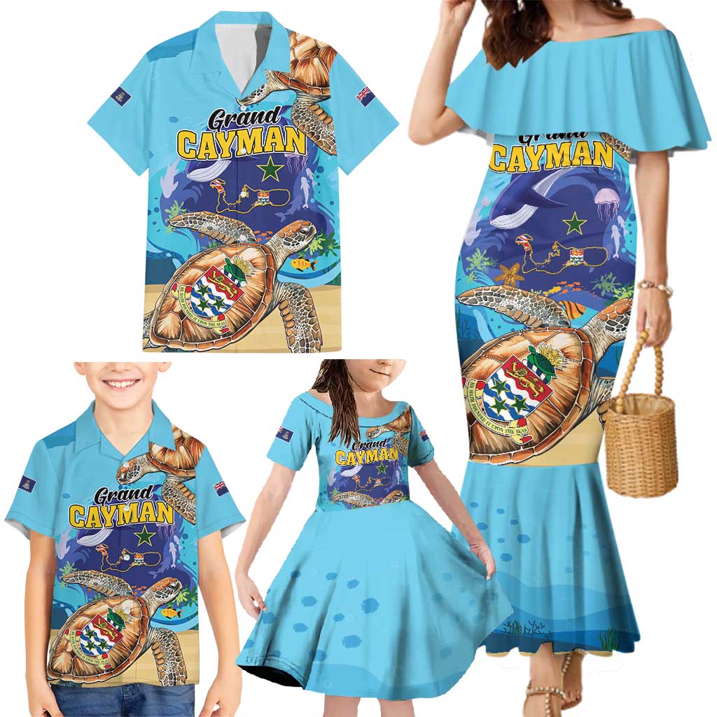 Grand Cayman Map Sea Turtle Family Matching Mermaid Dress and Hawaiian Shirt Ocean Vibes