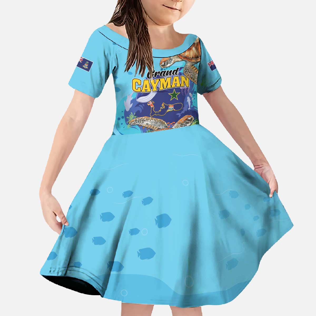 Grand Cayman Map Sea Turtle Family Matching Off The Shoulder Long Sleeve Dress and Hawaiian Shirt Ocean Vibes
