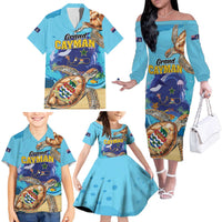Grand Cayman Map Sea Turtle Family Matching Off The Shoulder Long Sleeve Dress and Hawaiian Shirt Ocean Vibes