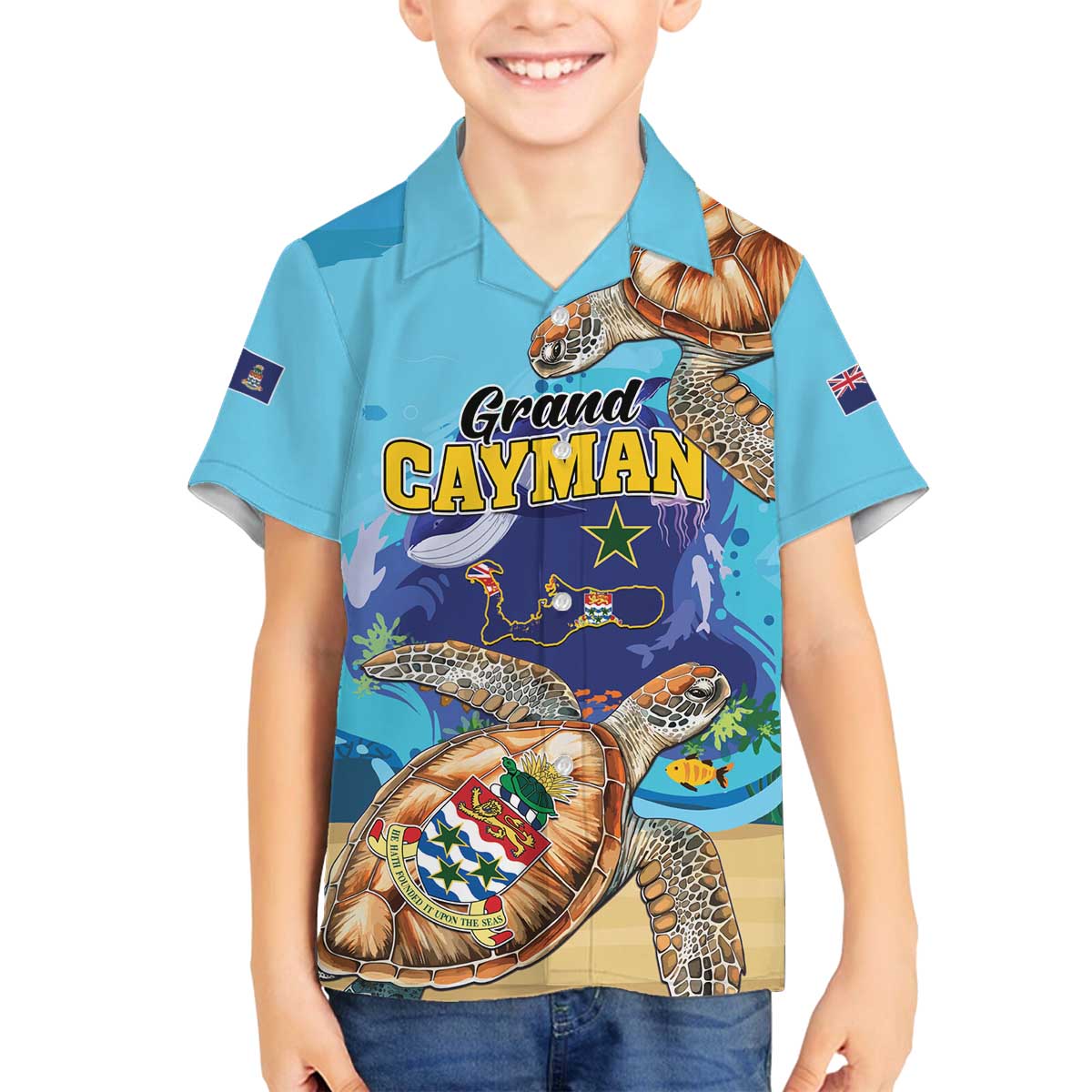 Grand Cayman Map Sea Turtle Family Matching Off The Shoulder Long Sleeve Dress and Hawaiian Shirt Ocean Vibes