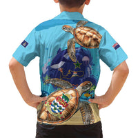 Grand Cayman Map Sea Turtle Family Matching Off Shoulder Short Dress and Hawaiian Shirt Ocean Vibes
