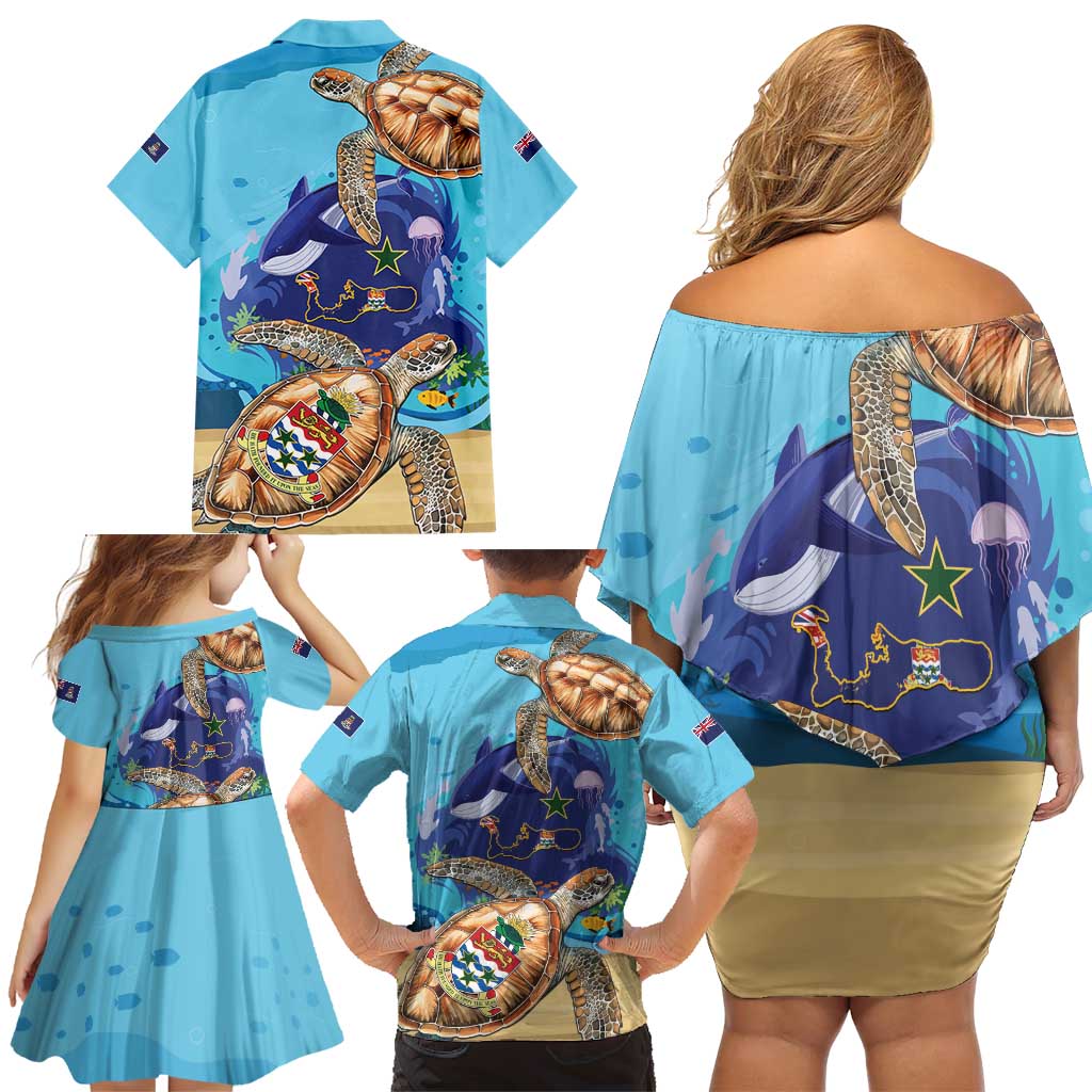 Grand Cayman Map Sea Turtle Family Matching Off Shoulder Short Dress and Hawaiian Shirt Ocean Vibes