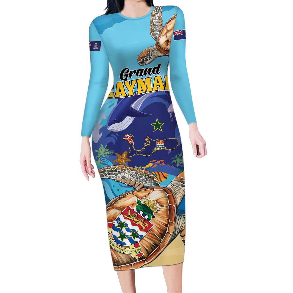 Grand Cayman Map Sea Turtle Long Sleeve Bodycon Dress Ocean Vibes