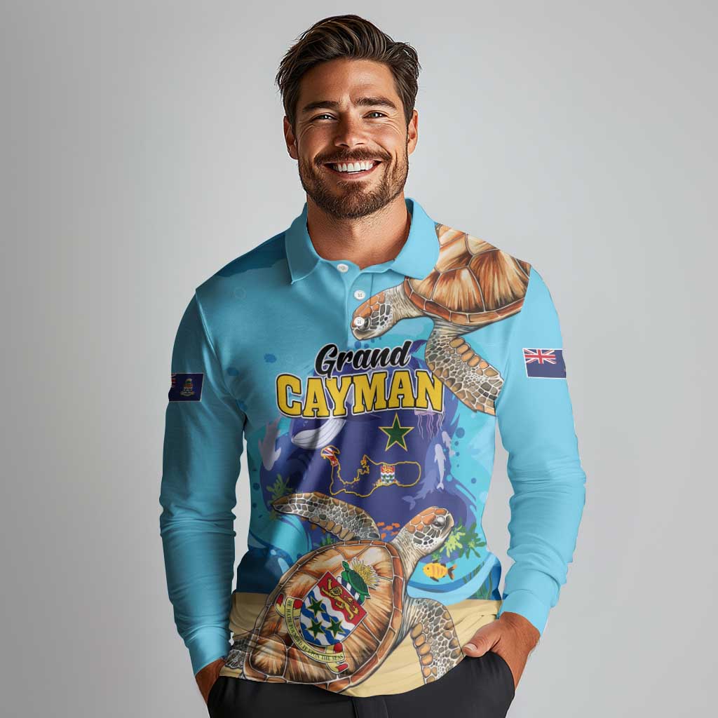 Grand Cayman Map Sea Turtle Long Sleeve Polo Shirt Ocean Vibes