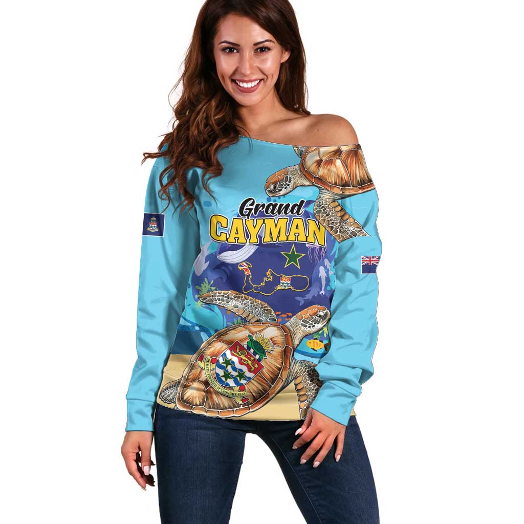 Grand Cayman Map Sea Turtle Off Shoulder Sweater Ocean Vibes
