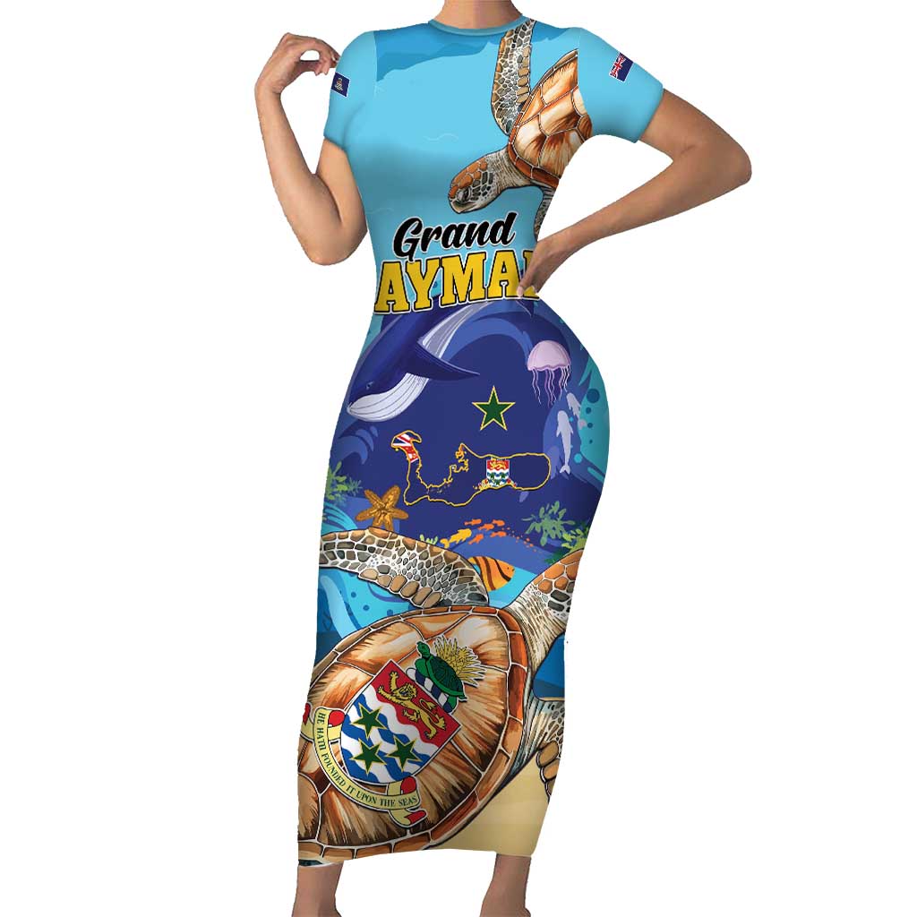 Grand Cayman Map Sea Turtle Short Sleeve Bodycon Dress Ocean Vibes