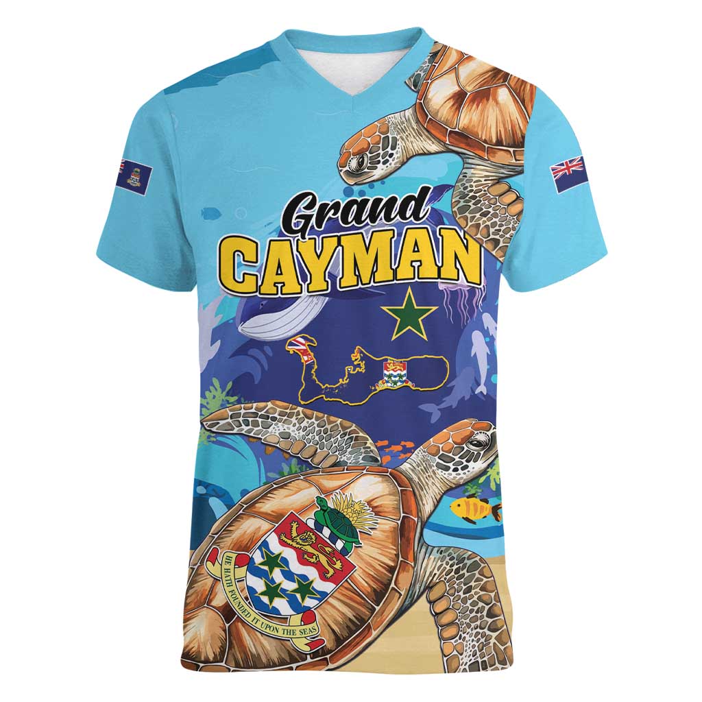 Grand Cayman Map Sea Turtle Women V-Neck T-Shirt Ocean Vibes