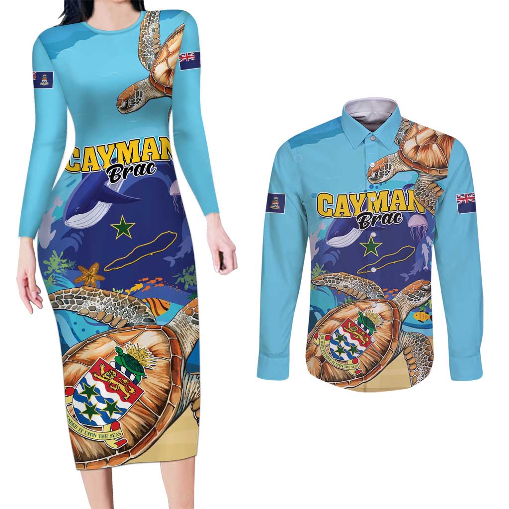 Cayman Brac Map Sea Turtle Couples Matching Long Sleeve Bodycon Dress and Long Sleeve Button Shirt Ocean Vibes