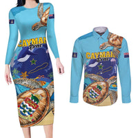 Cayman Brac Map Sea Turtle Couples Matching Long Sleeve Bodycon Dress and Long Sleeve Button Shirt Ocean Vibes
