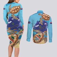 Cayman Brac Map Sea Turtle Couples Matching Long Sleeve Bodycon Dress and Long Sleeve Button Shirt Ocean Vibes