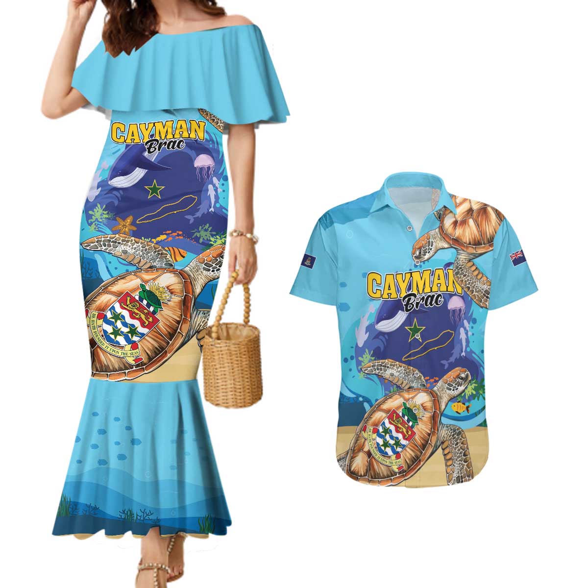 Cayman Brac Map Sea Turtle Couples Matching Mermaid Dress and Hawaiian Shirt Ocean Vibes