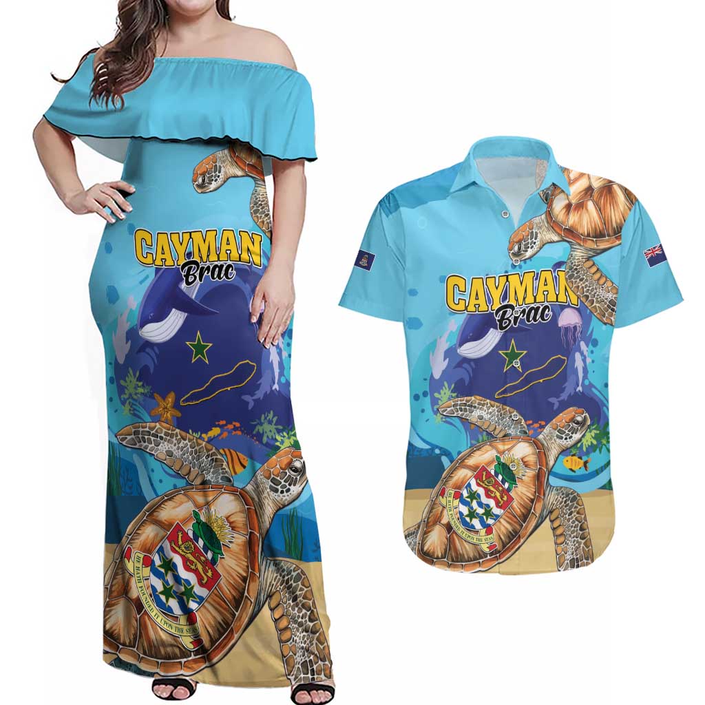 Cayman Brac Map Sea Turtle Couples Matching Off Shoulder Maxi Dress and Hawaiian Shirt Ocean Vibes