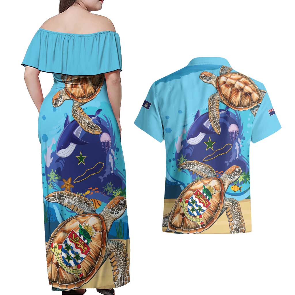 Cayman Brac Map Sea Turtle Couples Matching Off Shoulder Maxi Dress and Hawaiian Shirt Ocean Vibes