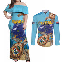 Cayman Brac Map Sea Turtle Couples Matching Off Shoulder Maxi Dress and Long Sleeve Button Shirt Ocean Vibes