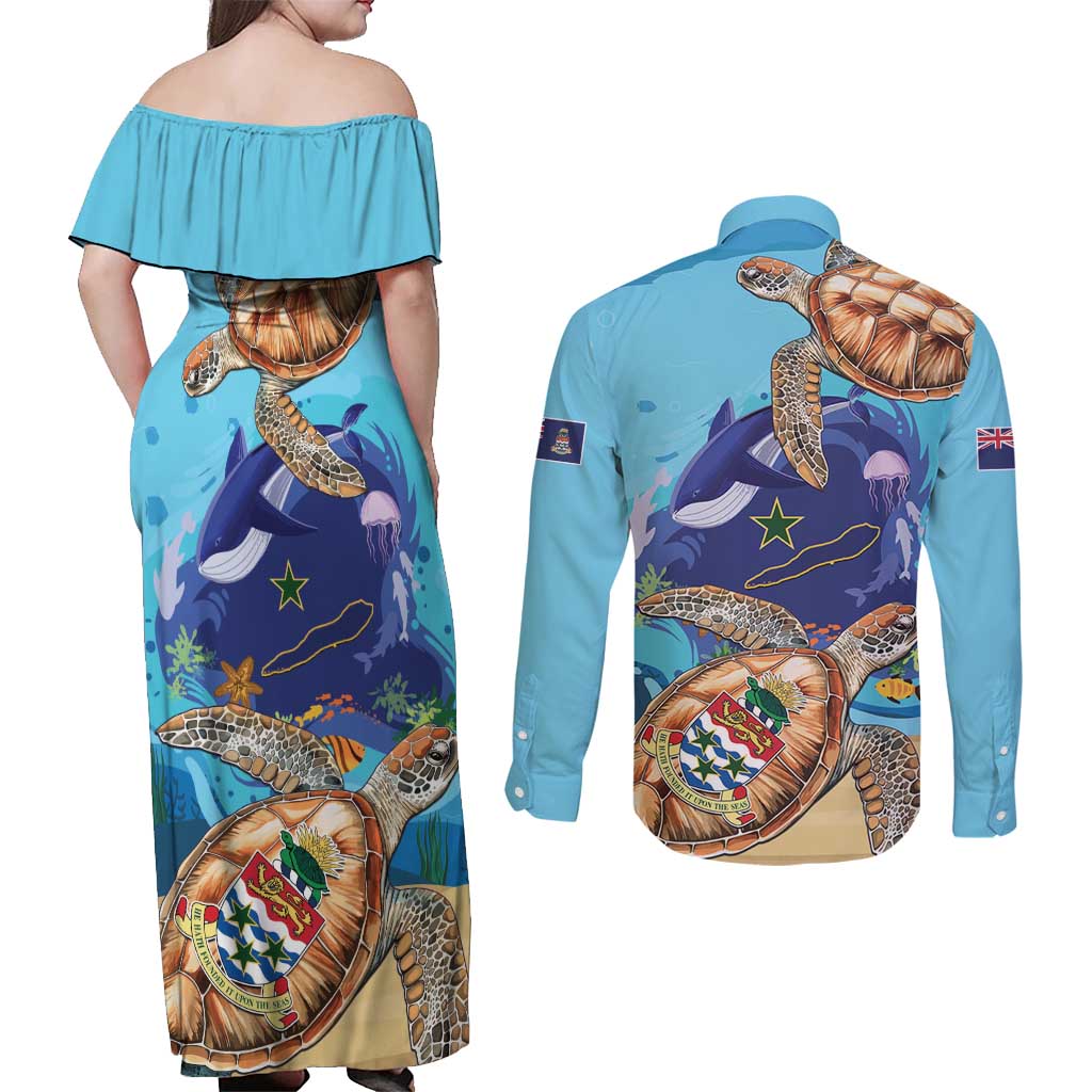Cayman Brac Map Sea Turtle Couples Matching Off Shoulder Maxi Dress and Long Sleeve Button Shirt Ocean Vibes
