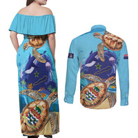 Cayman Brac Map Sea Turtle Couples Matching Off Shoulder Maxi Dress and Long Sleeve Button Shirt Ocean Vibes
