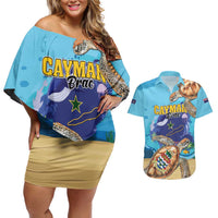 Cayman Brac Map Sea Turtle Couples Matching Off Shoulder Short Dress and Hawaiian Shirt Ocean Vibes