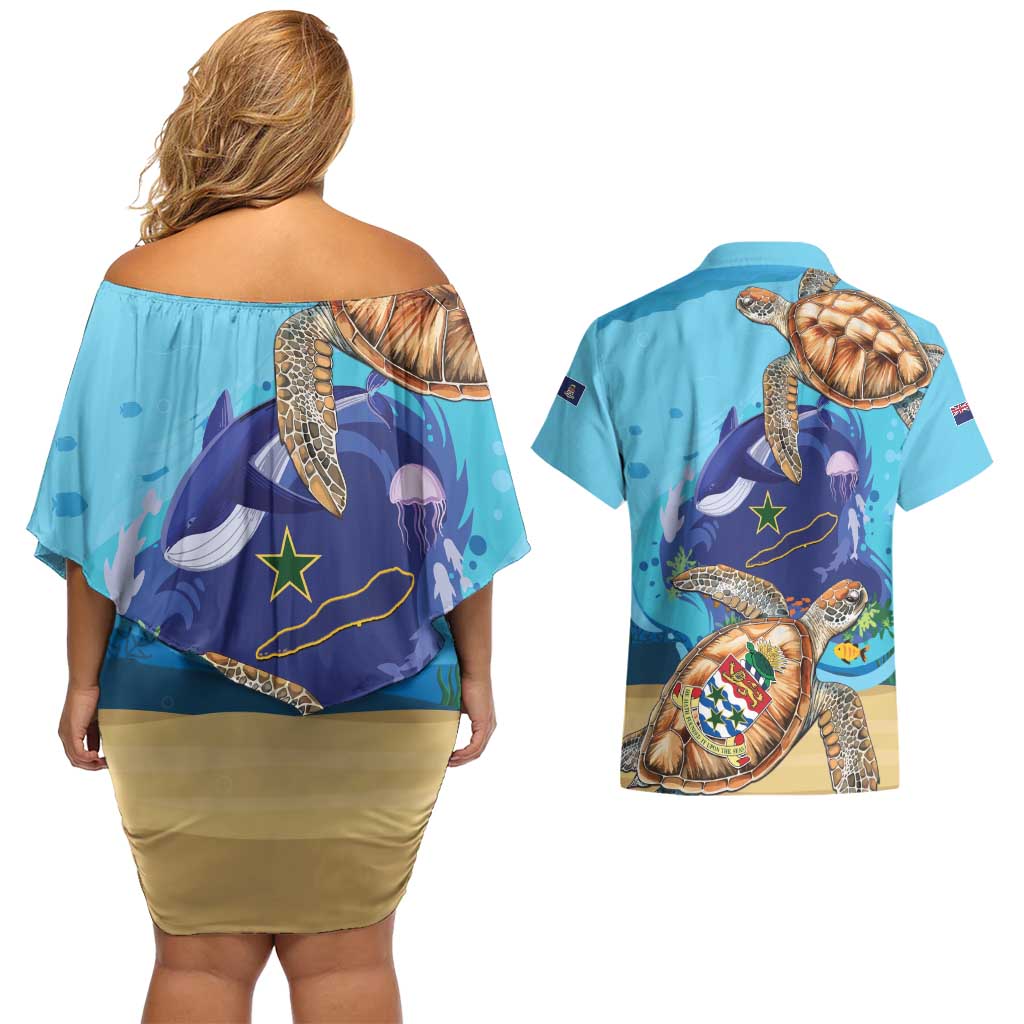 Cayman Brac Map Sea Turtle Couples Matching Off Shoulder Short Dress and Hawaiian Shirt Ocean Vibes