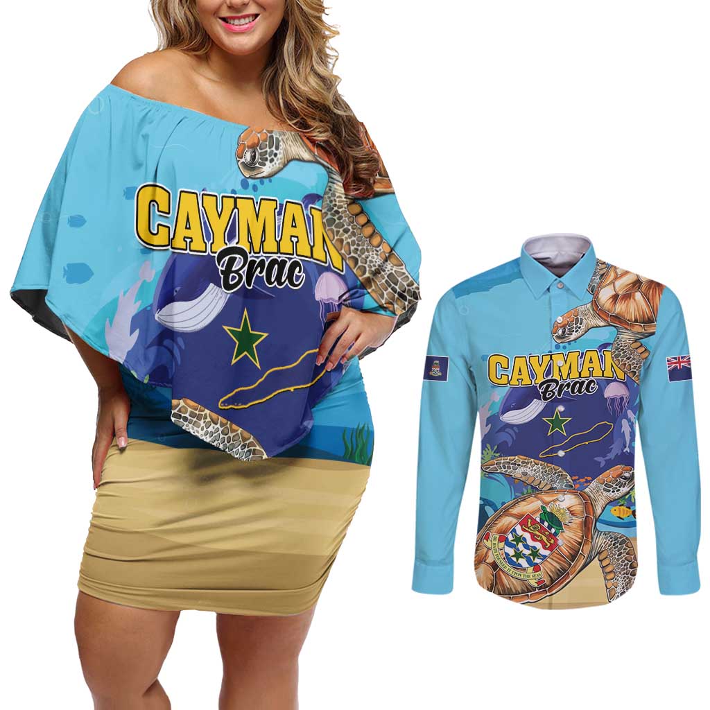 Cayman Brac Map Sea Turtle Couples Matching Off Shoulder Short Dress and Long Sleeve Button Shirt Ocean Vibes