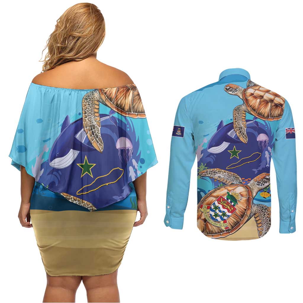 Cayman Brac Map Sea Turtle Couples Matching Off Shoulder Short Dress and Long Sleeve Button Shirt Ocean Vibes