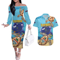 Cayman Brac Map Sea Turtle Couples Matching Off The Shoulder Long Sleeve Dress and Hawaiian Shirt Ocean Vibes