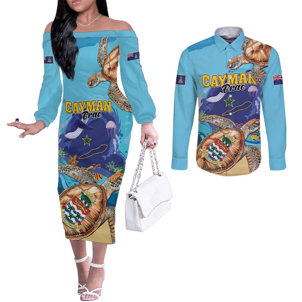 Cayman Brac Map Sea Turtle Couples Matching Off The Shoulder Long Sleeve Dress and Long Sleeve Button Shirt Ocean Vibes