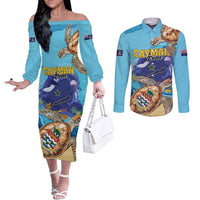 Cayman Brac Map Sea Turtle Couples Matching Off The Shoulder Long Sleeve Dress and Long Sleeve Button Shirt Ocean Vibes