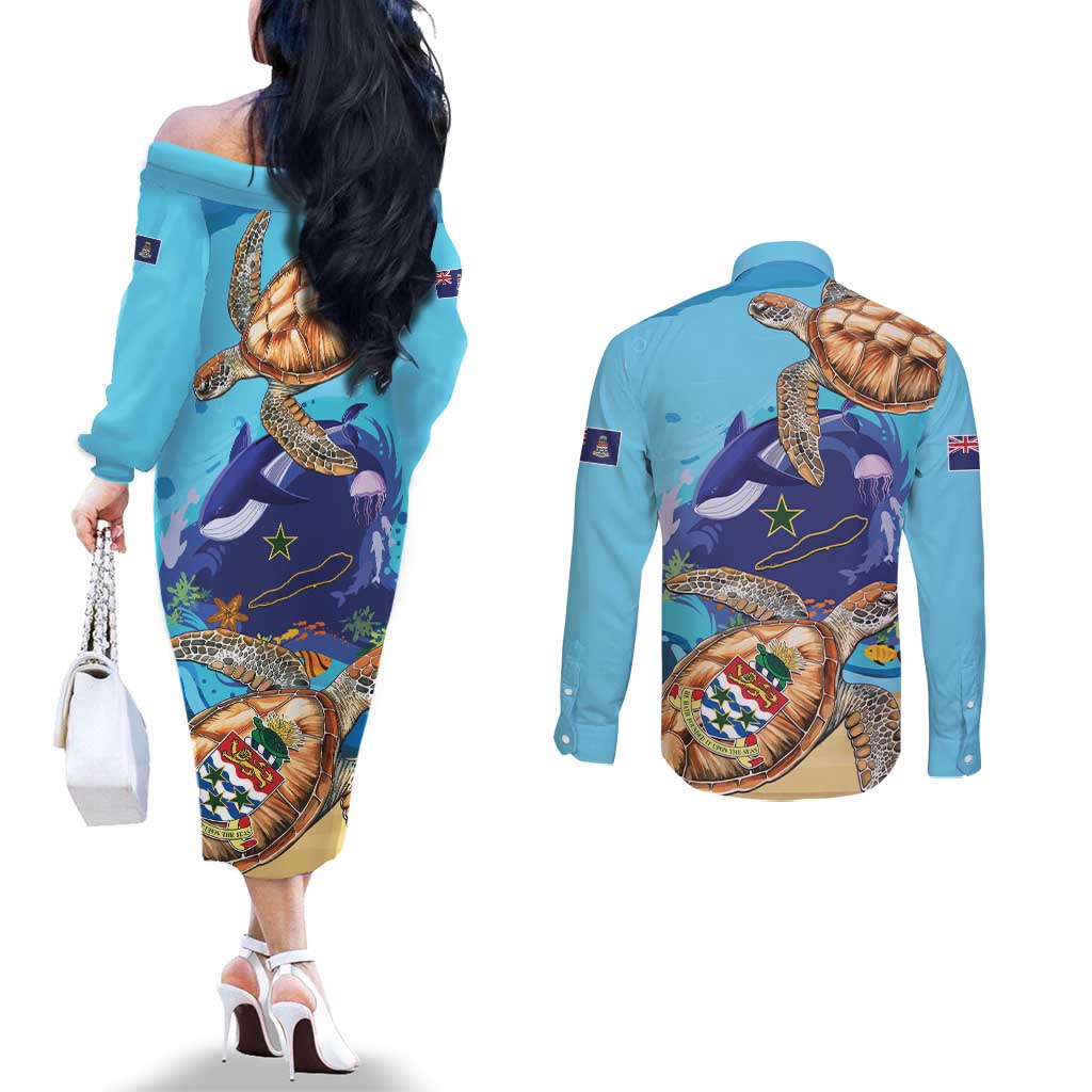 Cayman Brac Map Sea Turtle Couples Matching Off The Shoulder Long Sleeve Dress and Long Sleeve Button Shirt Ocean Vibes