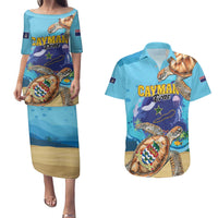 Cayman Brac Map Sea Turtle Couples Matching Puletasi and Hawaiian Shirt Ocean Vibes
