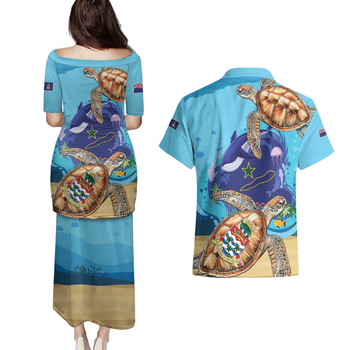 Cayman Brac Map Sea Turtle Couples Matching Puletasi and Hawaiian Shirt Ocean Vibes