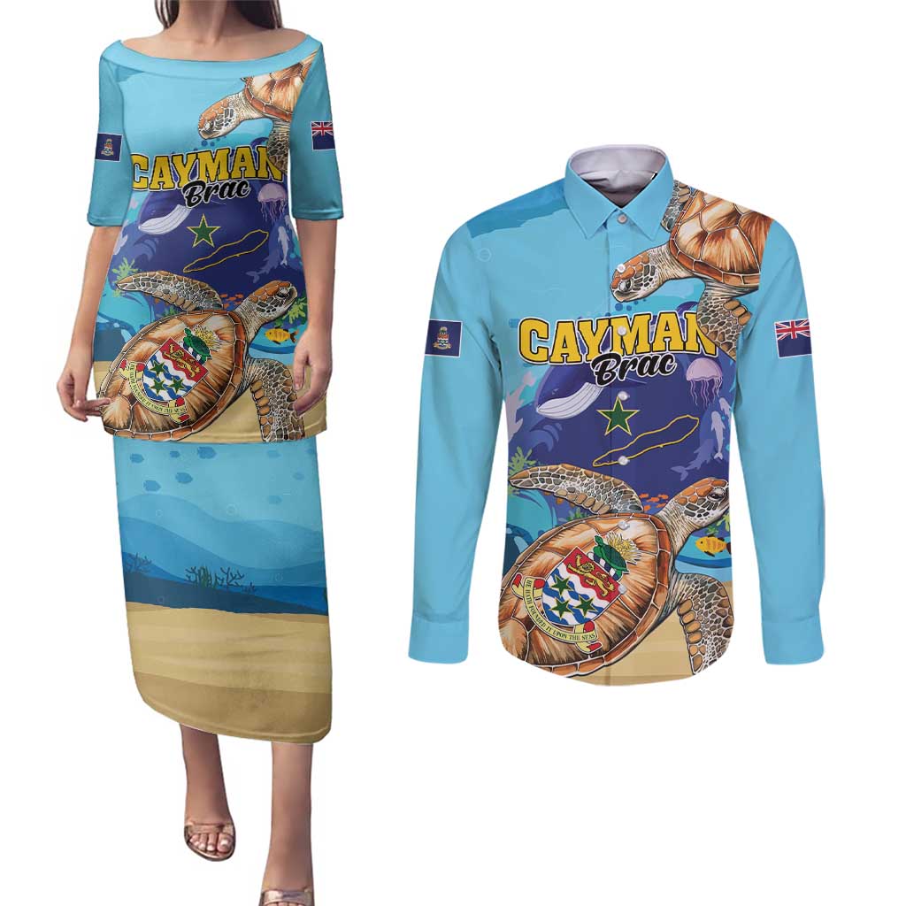 Cayman Brac Map Sea Turtle Couples Matching Puletasi and Long Sleeve Button Shirt Ocean Vibes
