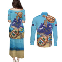 Cayman Brac Map Sea Turtle Couples Matching Puletasi and Long Sleeve Button Shirt Ocean Vibes