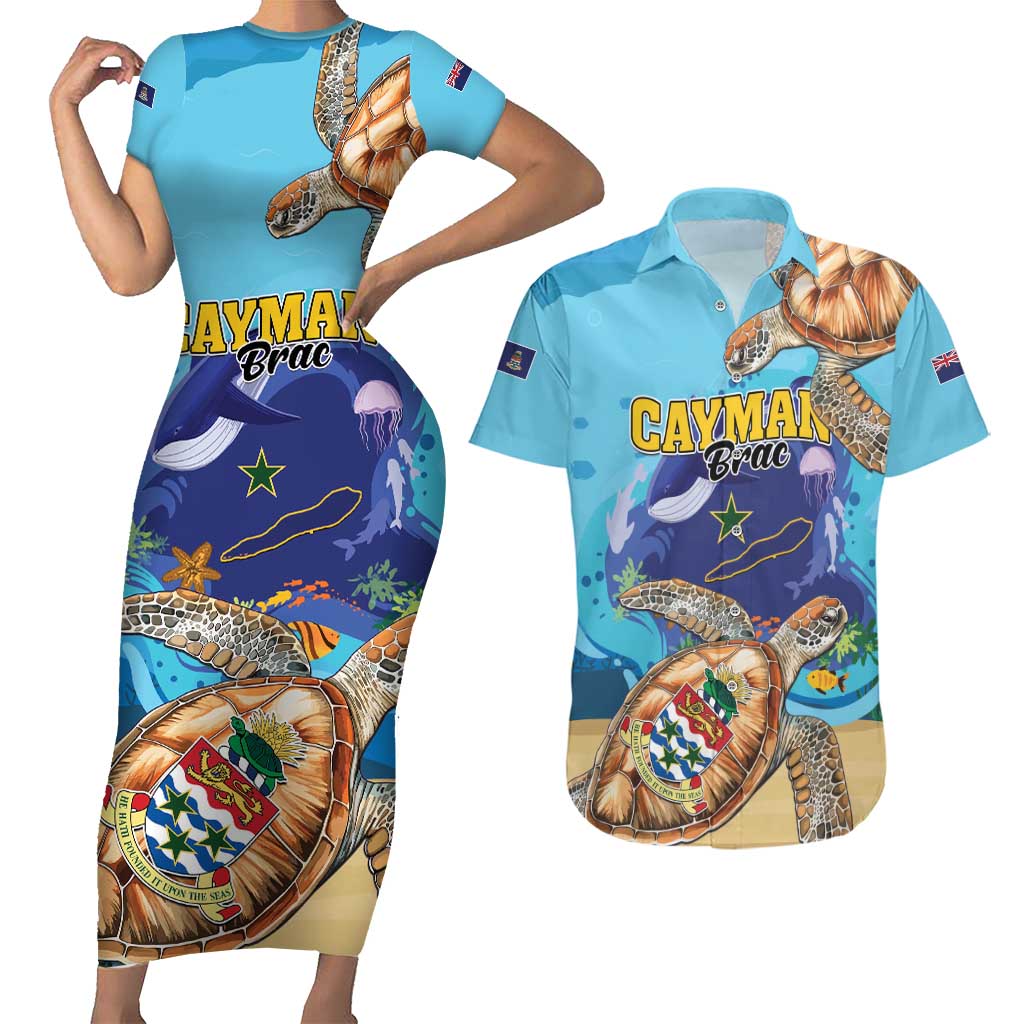 Cayman Brac Map Sea Turtle Couples Matching Short Sleeve Bodycon Dress and Hawaiian Shirt Ocean Vibes