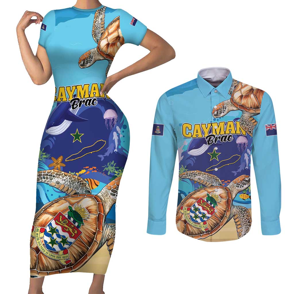 Cayman Brac Map Sea Turtle Couples Matching Short Sleeve Bodycon Dress and Long Sleeve Button Shirt Ocean Vibes