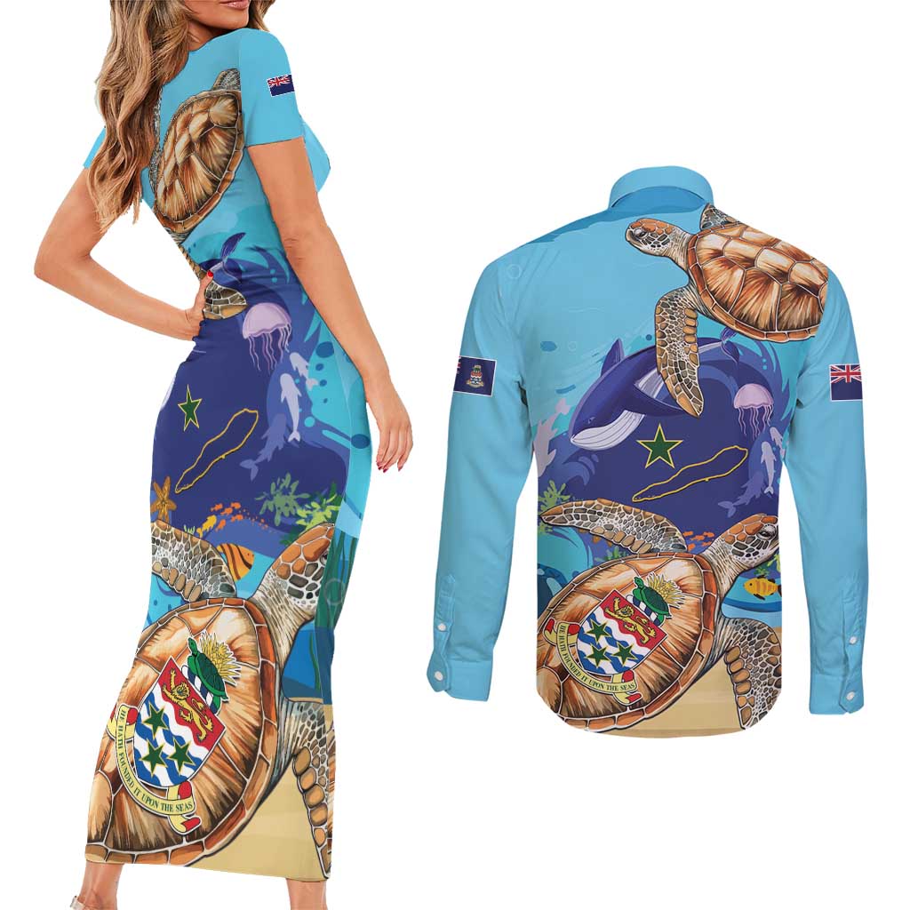 Cayman Brac Map Sea Turtle Couples Matching Short Sleeve Bodycon Dress and Long Sleeve Button Shirt Ocean Vibes