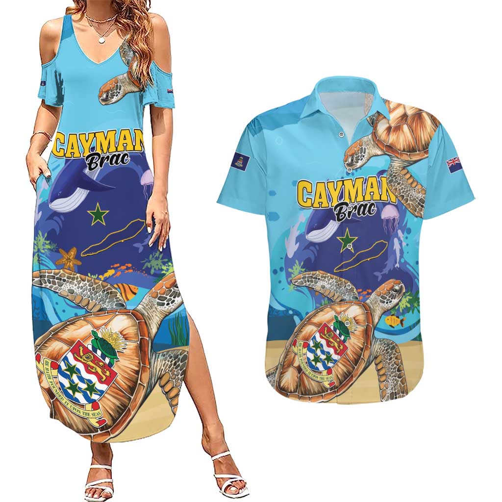 Cayman Brac Map Sea Turtle Couples Matching Summer Maxi Dress and Hawaiian Shirt Ocean Vibes