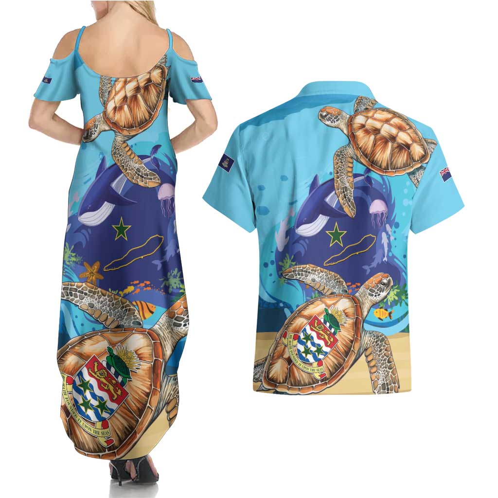 Cayman Brac Map Sea Turtle Couples Matching Summer Maxi Dress and Hawaiian Shirt Ocean Vibes